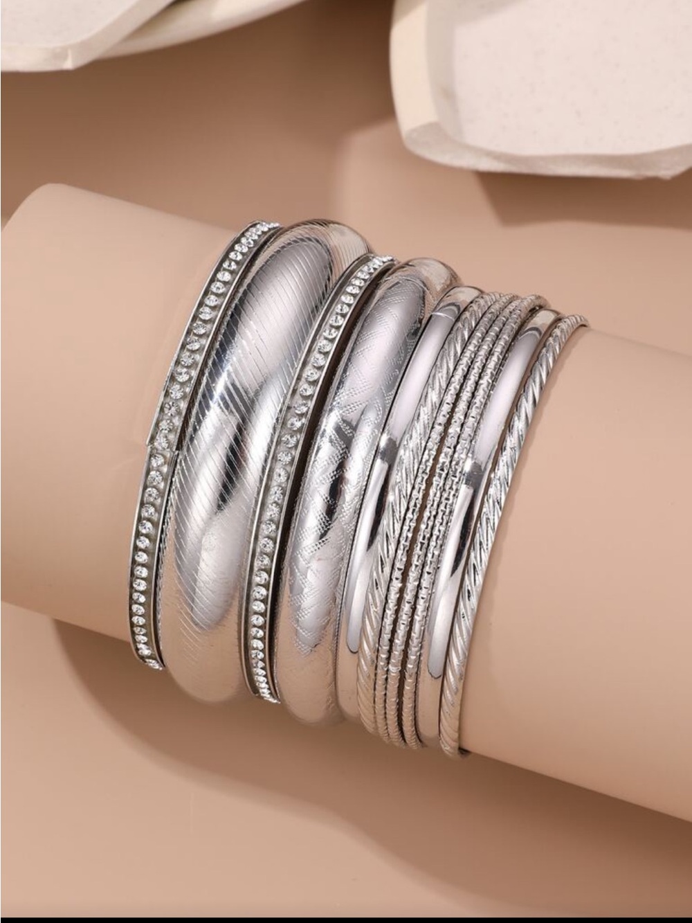 Silver Multi-Texture Bangle Bracelet Set - Women Jewelry